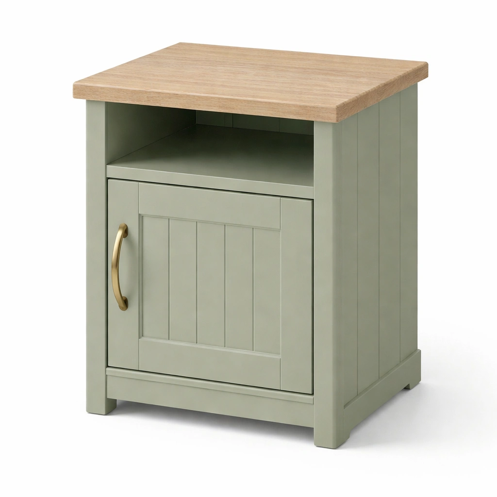 Moderner Nachttisch mit Tuerschrank und Offenem Fach in Salbeigruen-srivora